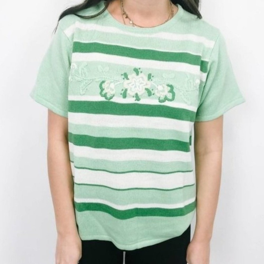 Vintage Sara Morgan Womens Mint Green Striped Floral Embroidered Knit Sweater M